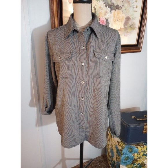 Chico's Women's Shell Button Down Shirt Striped Rolled Tab Sleeve Size 1 Medium - Picture 1 of 8